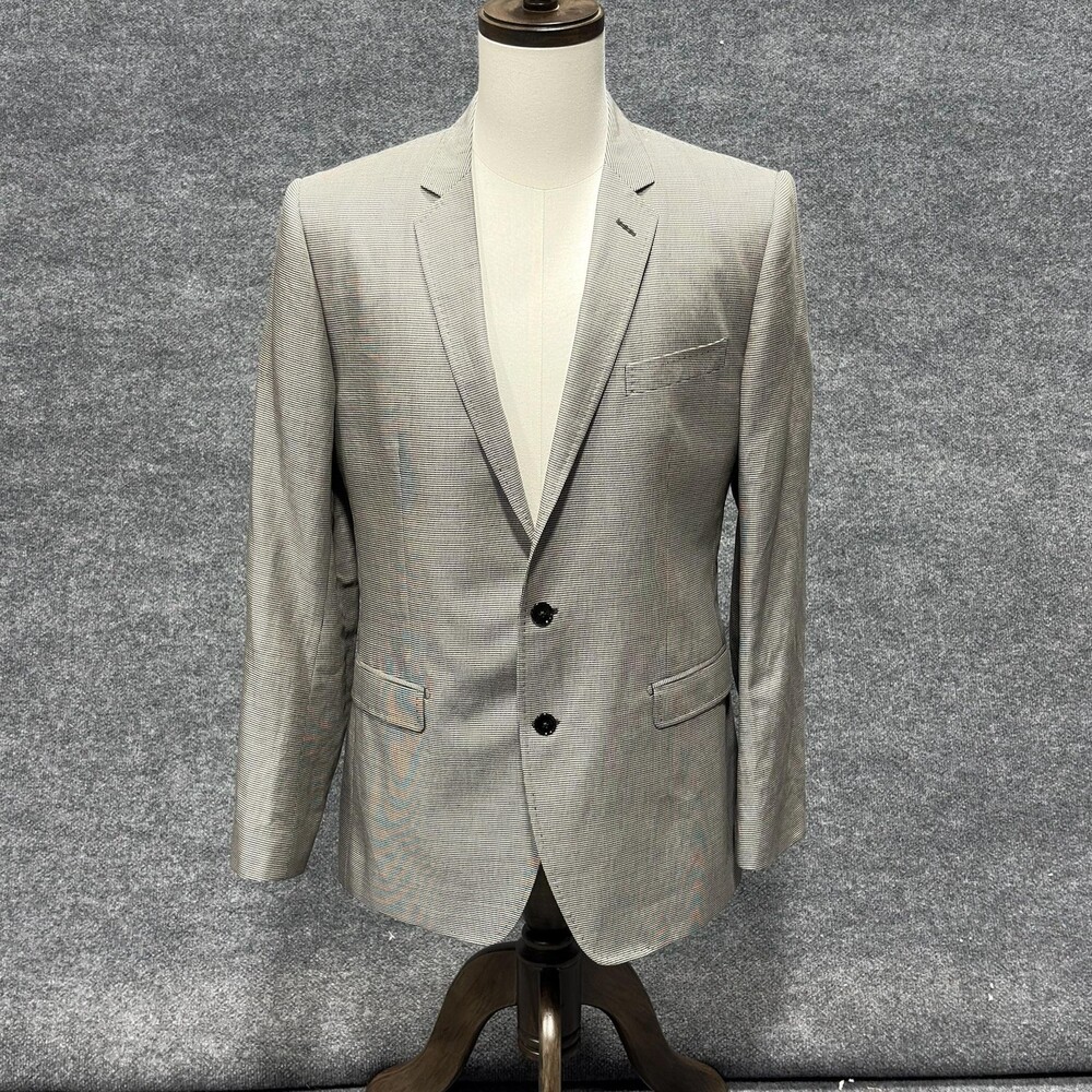 Dolce & Gabbana Blazer Mens 41R Gray Check Ramie Cotton Slim Fit Sport Coat